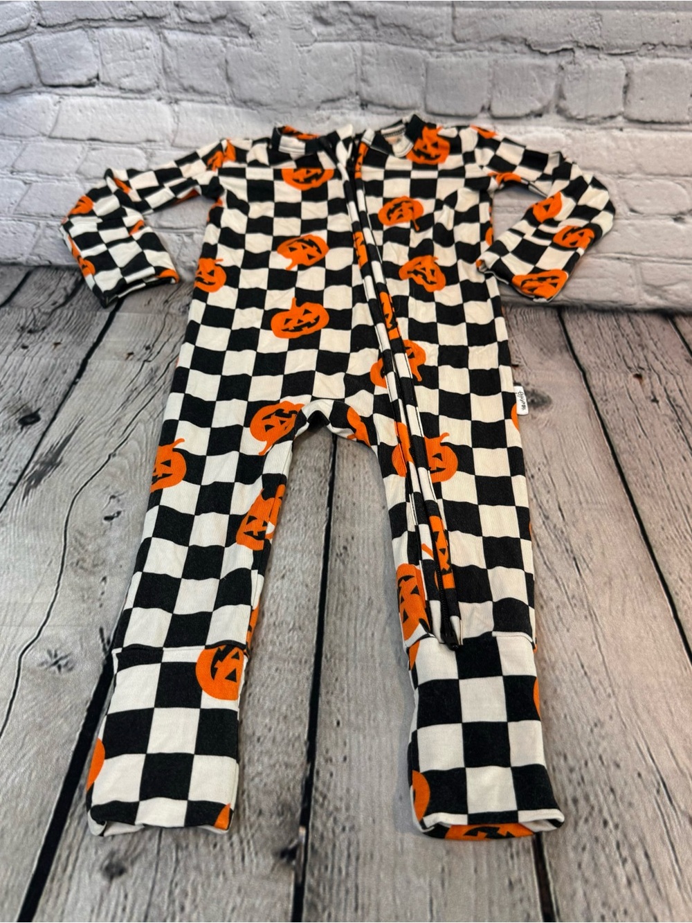 Gigi & Max Pumpkin Checker Print Pattern Bamboo Zippie